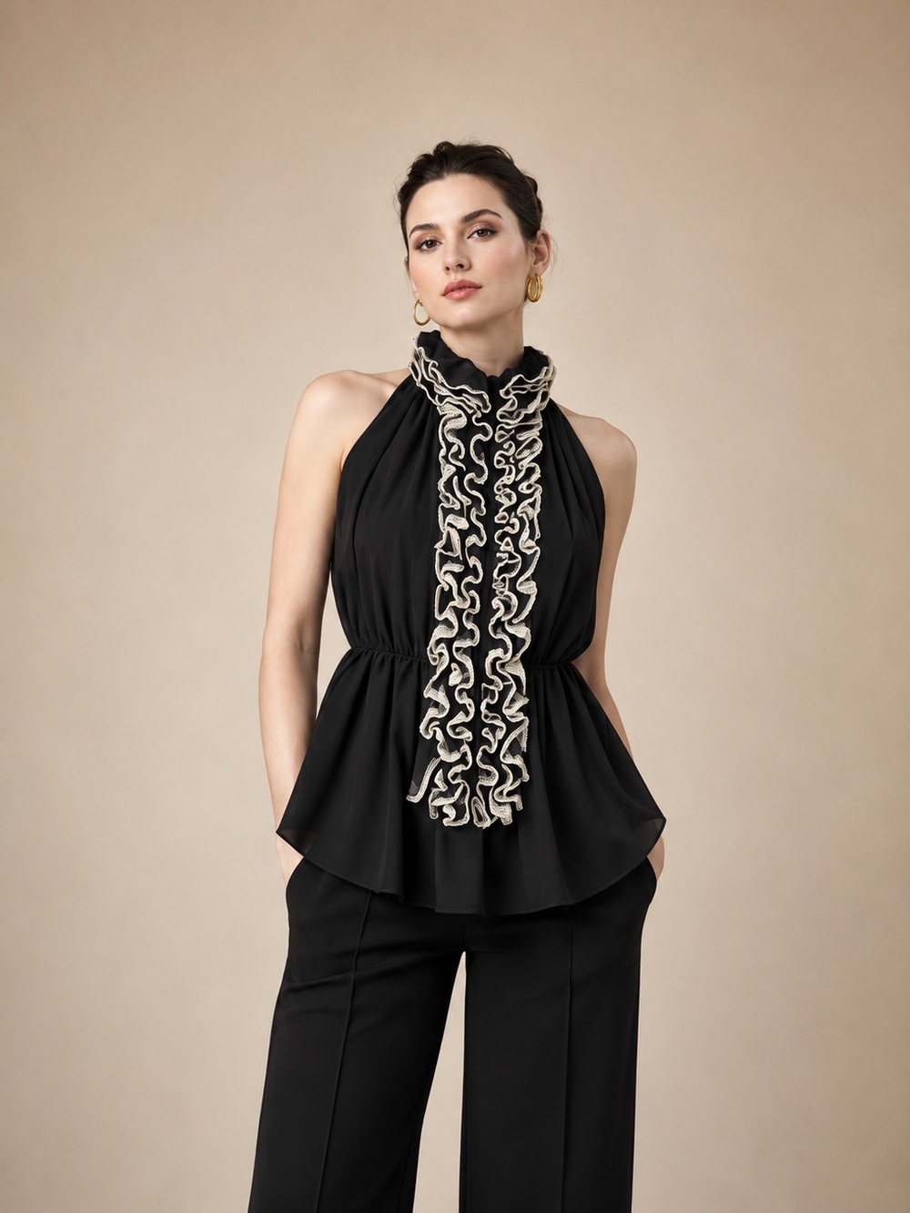 Neiman Marcus Black Victorian Ruffle Blouse Chiffon Robert Rodriguez Sz XS